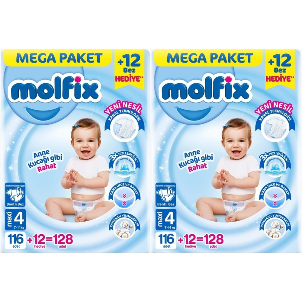 Molfix Bebek Bezi 4 Beden 7-14 KG Maxi 256 Adet MeGa Ekonomik Fırsat Pk