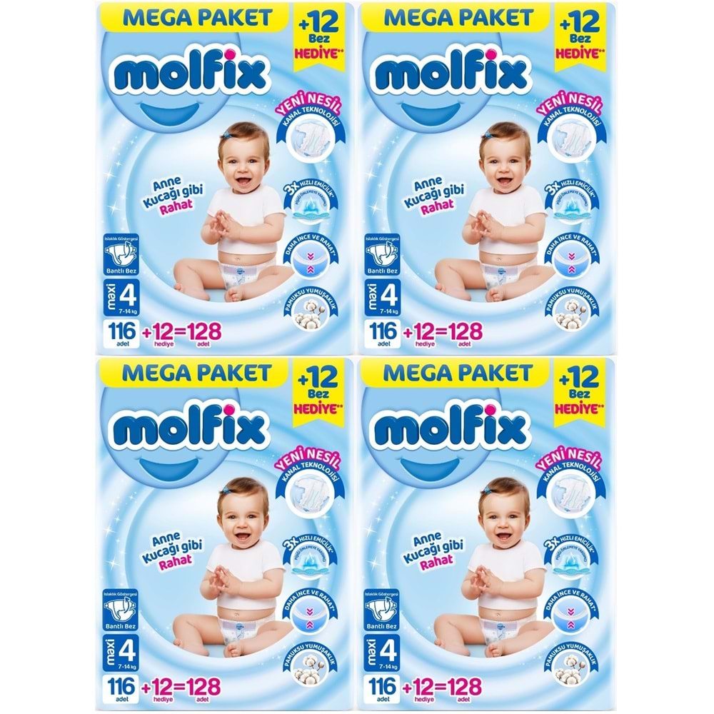 Molfix Bebek Bezi Beden:4 (7-14KG) Maxi 512 Adet Mega Avantaj Fırsat Pk