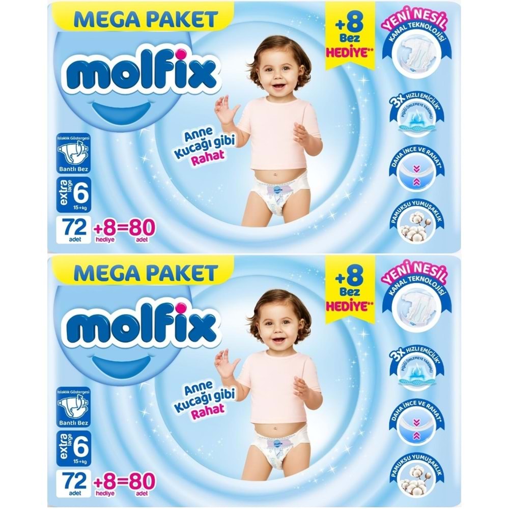 Molfix Bebek Bezi 6 Beden 15+ KG Extra Large 160 Adet Mega Ekonomik Fırsat Pk