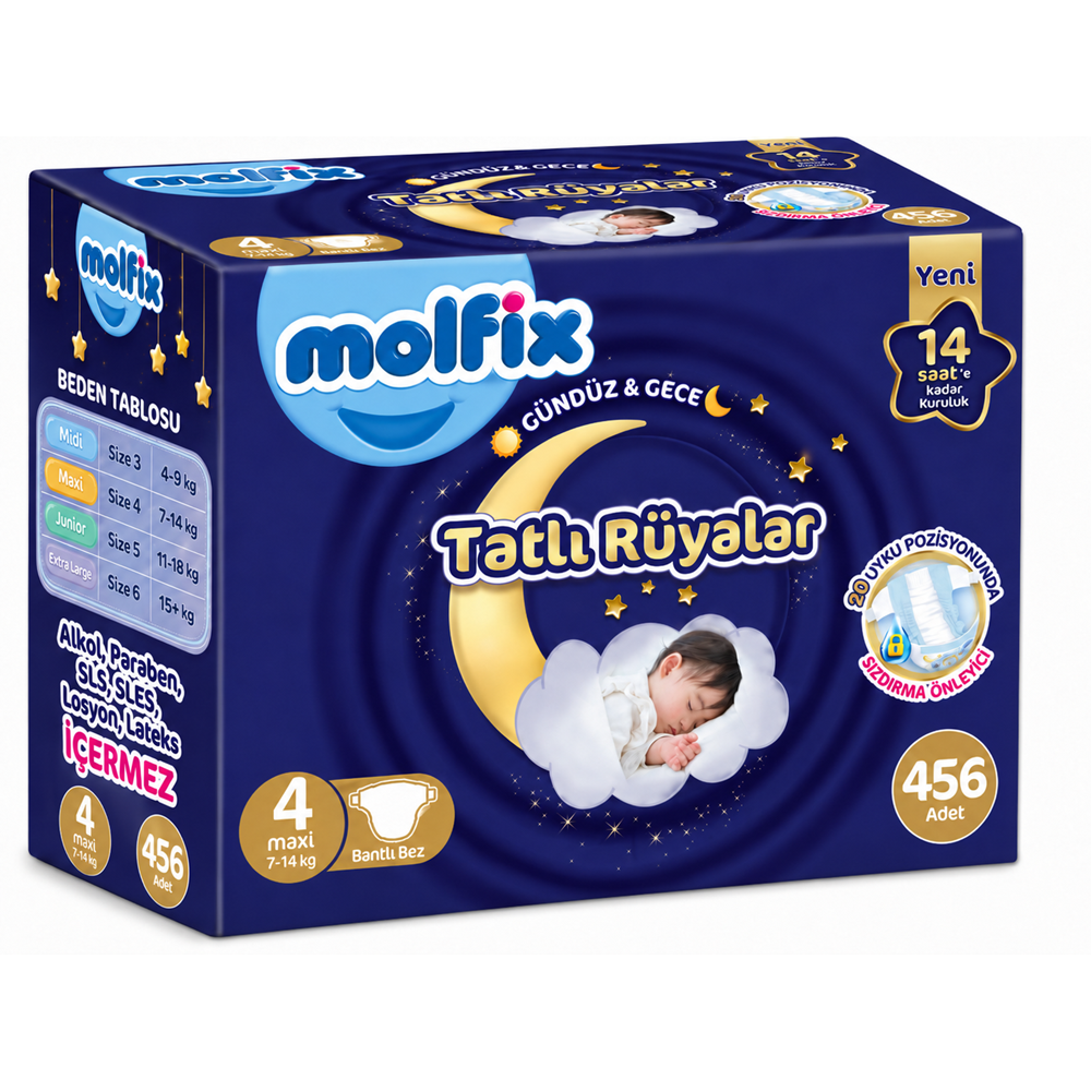 Molfix Tatlı Rüyalar Bebek Bezi 4 Beden 7-14 KG Maxi 456 Adet Ekstra Fırsat Pk