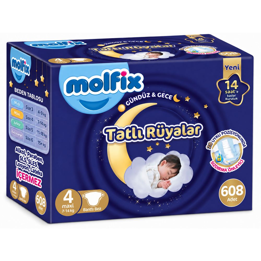 Molfix Tatlı Rüyalar Bebek Bezi 4 Beden 7-14 KG Maxi 608 Adet Dev Ekonomik Fırsat Pk