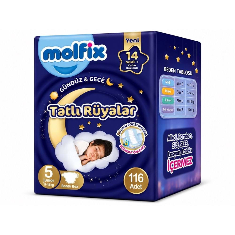Molfix Tatlı Rüyalar Bebek Bezi 5 Beden 11-18 KG Junior 116 Adet Ekonomik Fırsat Pk