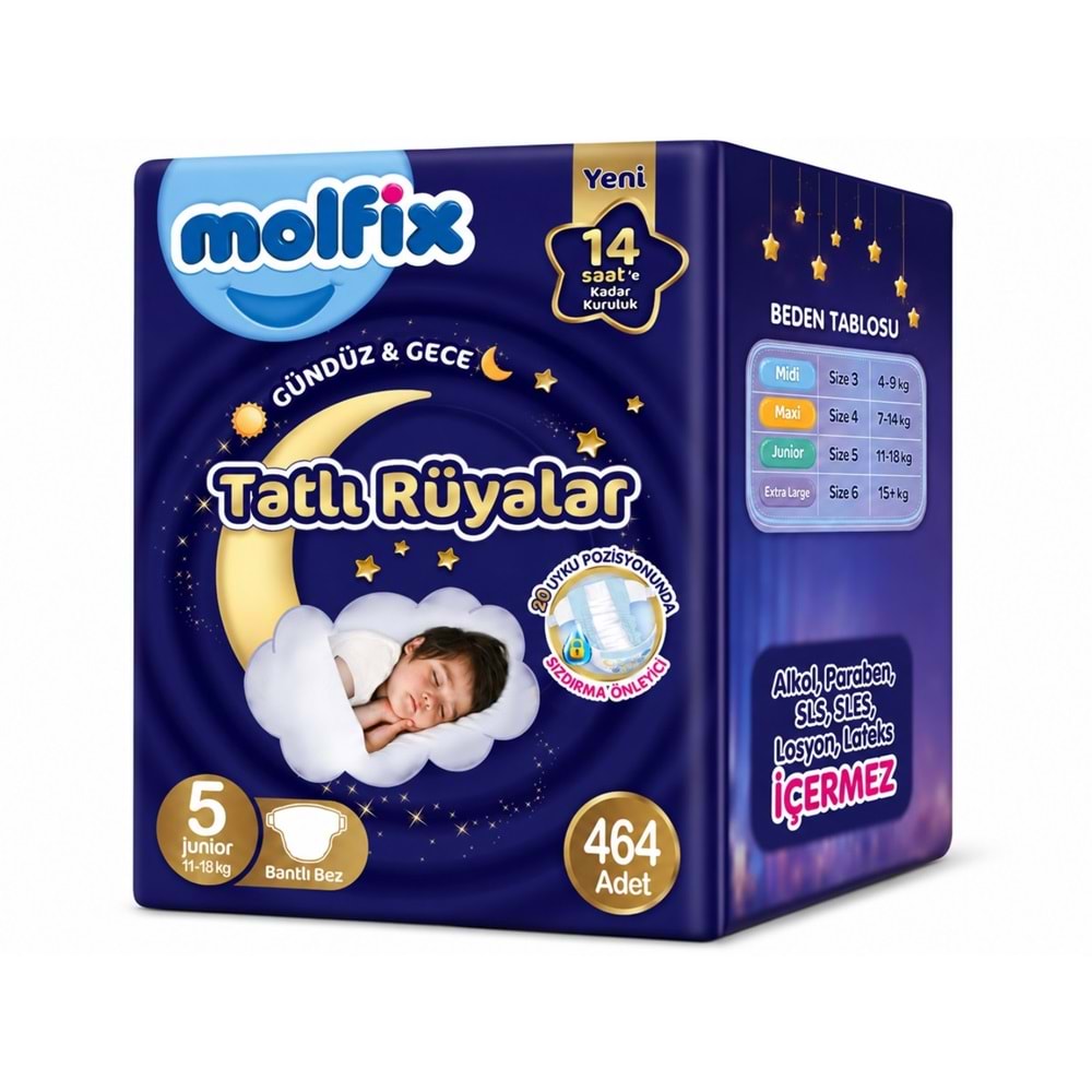 Molfix Tatlı Rüyalar Bebek Bezi 5 Beden 11-18 KG Junior 464 Adet Dev Ekonomik Fırsat Pk