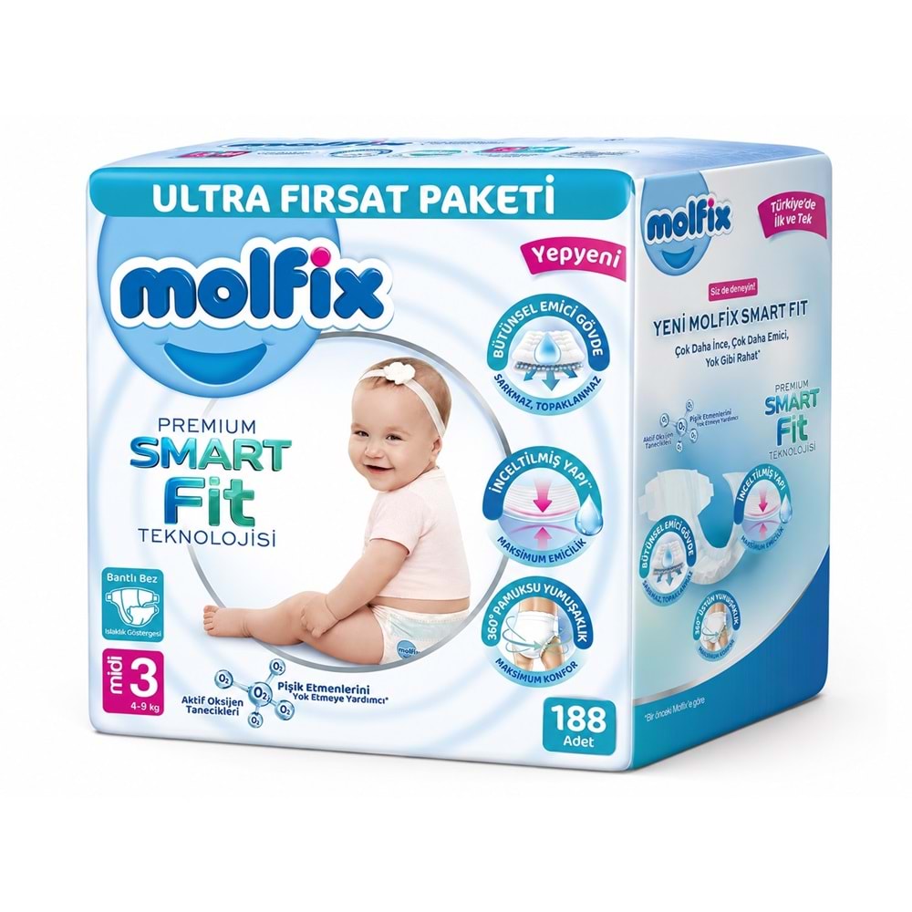 Molfix Premium Smart Fit Bebek Bezi 3 Beden 4-9 KG Midi 188 Adet Ekonomik Ultra Fırsat Pk