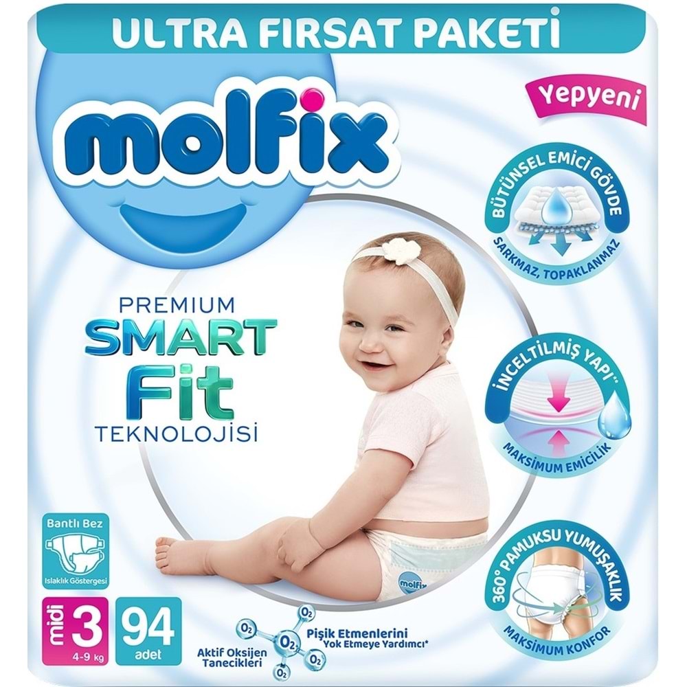 Molfix Premium Smart Fit Bebek Bezi 3 Beden 4-9 KG Midi 188 Adet Ekonomik Ultra Fırsat Pk