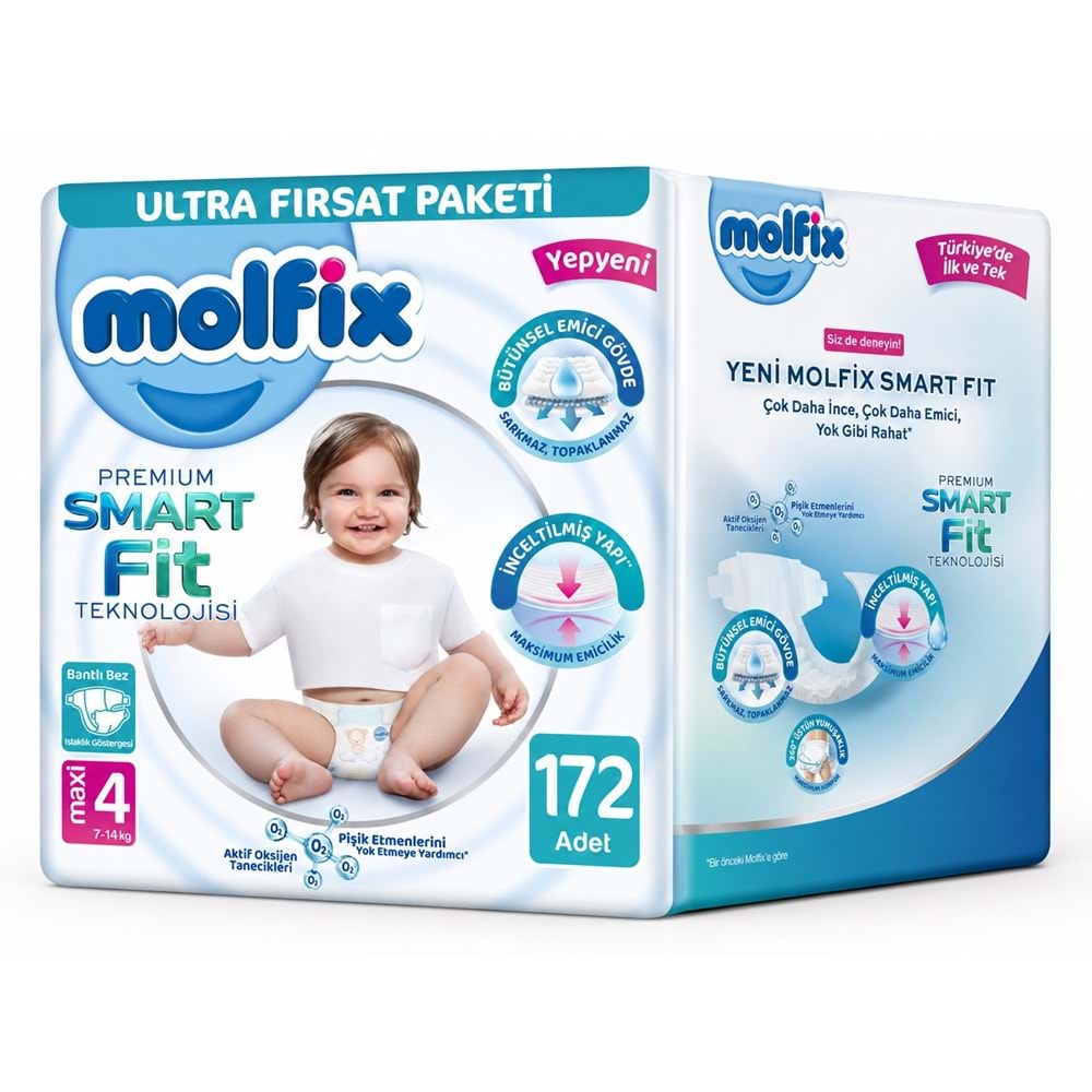 Molfix Premium Smart Fit Bebek Bezi 4 Beden 7-14 KG Maxi 172 Adet Ekonomik Ultra Fırsat Pk
