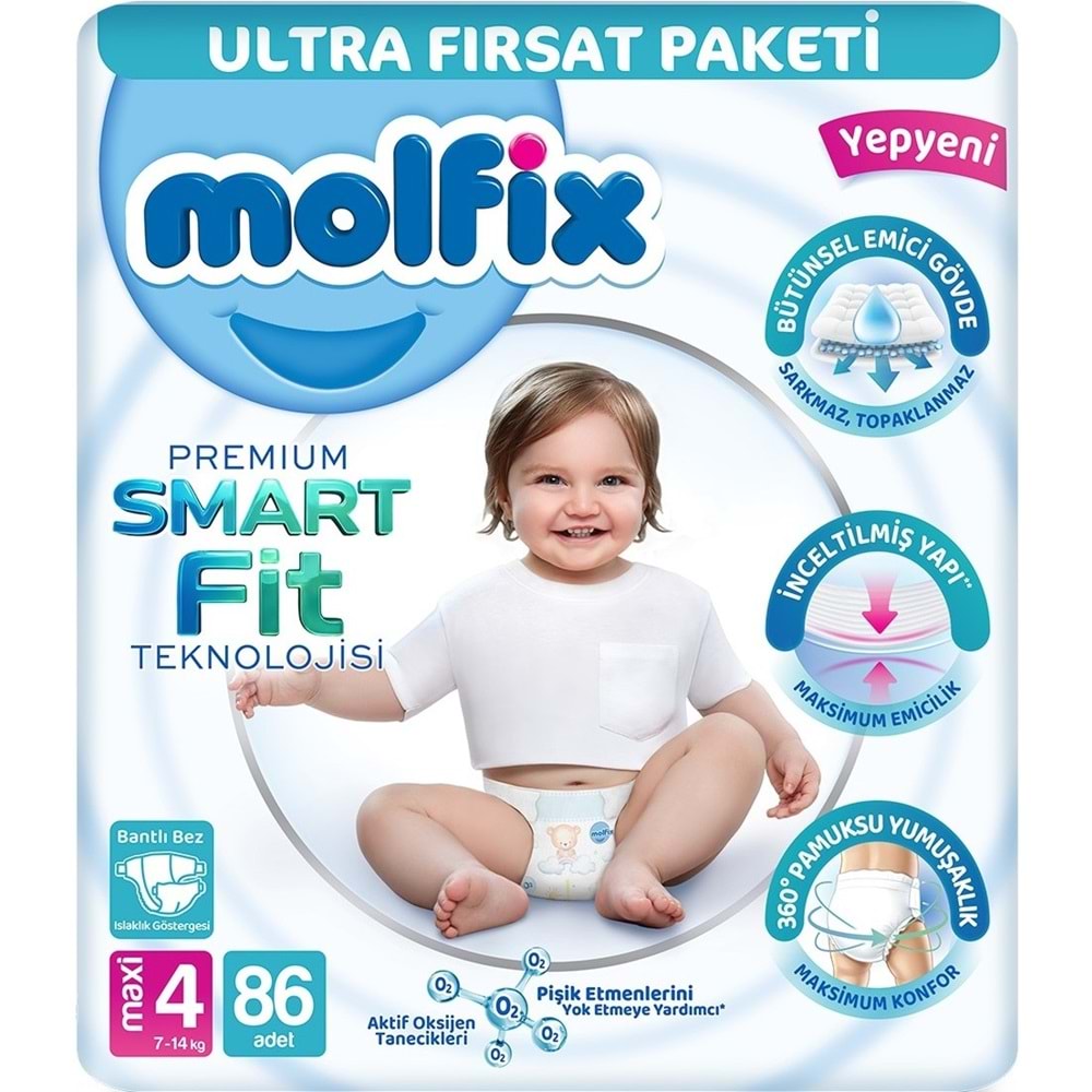 Molfix Premium Smart Fit Bebek Bezi 4 Beden 7-14 KG Maxi 172 Adet Ekonomik Ultra Fırsat Pk