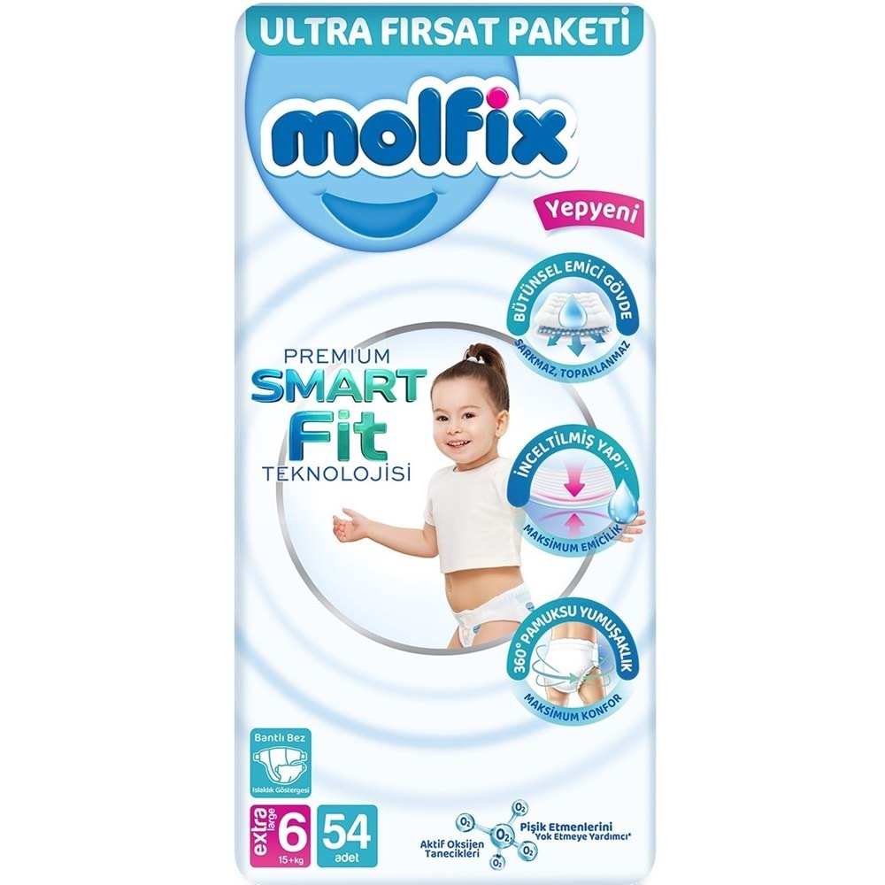 Molfix Premium Smart Fit Bebek Bezi 6 Beden 15+ KG Extra Large 162 Adet Aylık Ultra Fırsat Pk