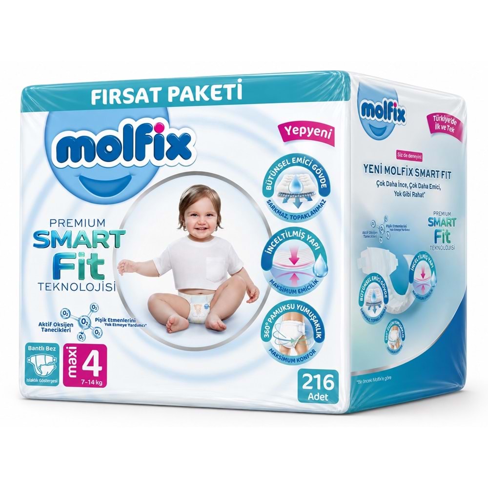 Molfix Premium Smart Fit Bebek Bezi 4 Beden 7-14 KG Maxi 216 Adet Avantaj Fırsat Pk