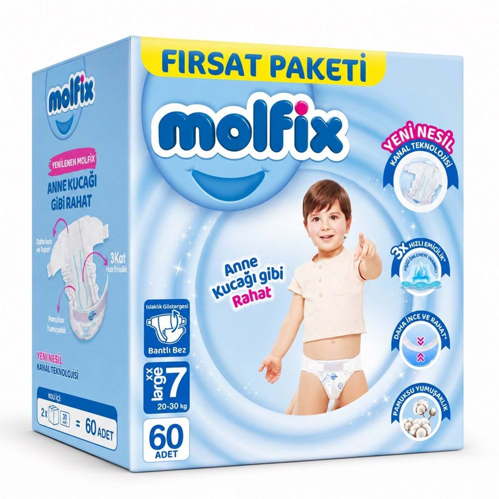 Molfix Bebek Bezi 7 Beden 20-30 KG XX Large 60 Adet Ekonomik Fırsat Pk