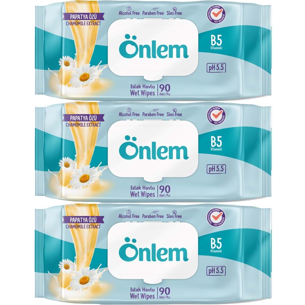 Önlem Islak Havlu Mendil 90 Yaprak Papatya Özü (3 Lü Set) Plastik Kapaklı 270 Yaprak