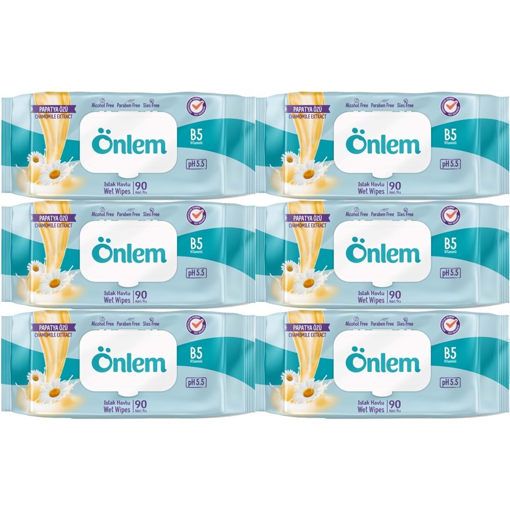 Önlem Islak Havlu Mendil 90 Yaprak Papatya Özü (6 Lı Set) Plastik Kapaklı 540 Yaprak