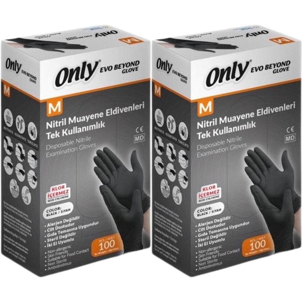 Only Evo Beyond Glove Nitril Siyah Pudrasız Muayene Eldiveni 200 Lü Set M - Medium - Orta (2PK*100)