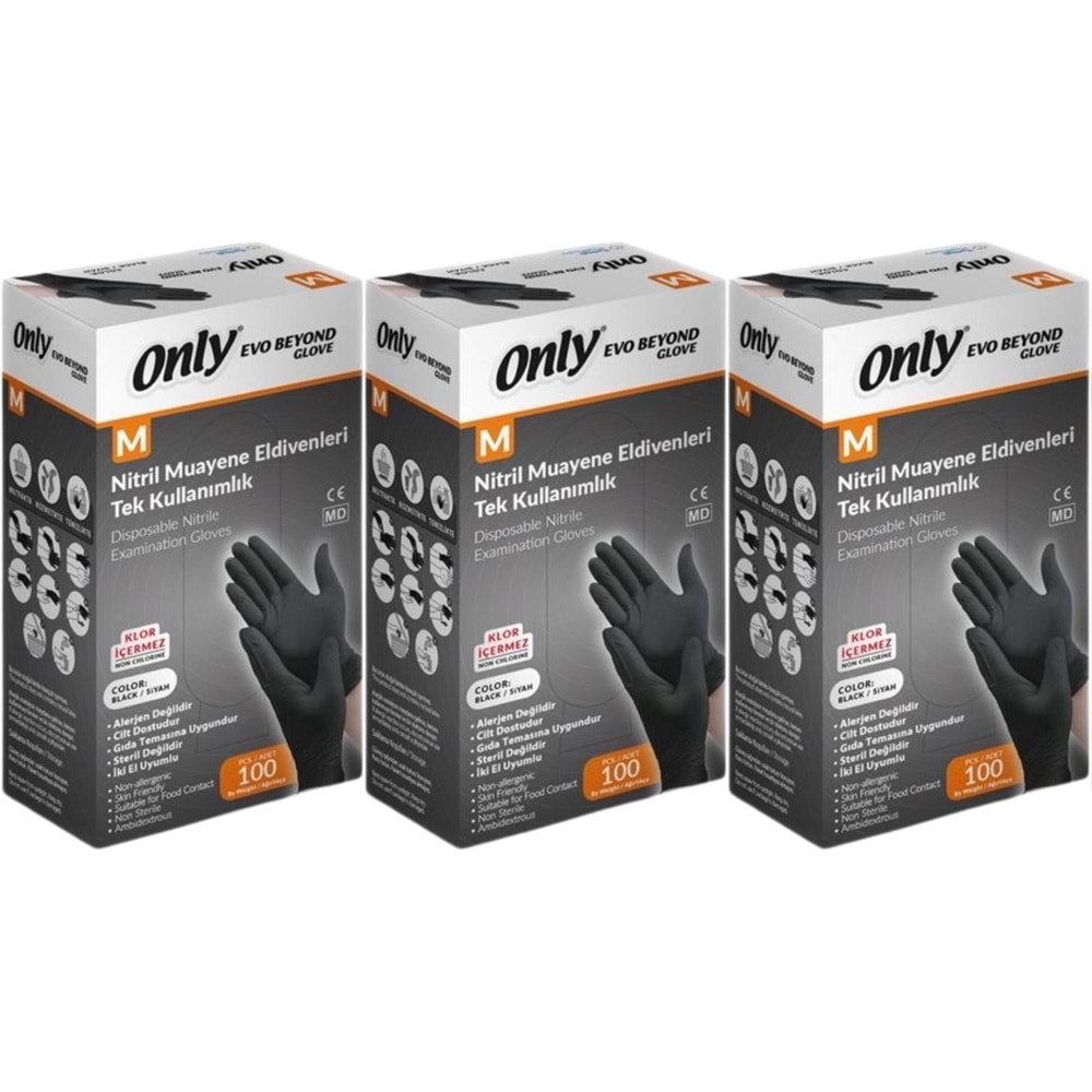 Only Evo Beyond Glove Nitril Siyah Pudrasız Muayene Eldiveni 300 Lü Set M - Medium - Orta (3PK*100)