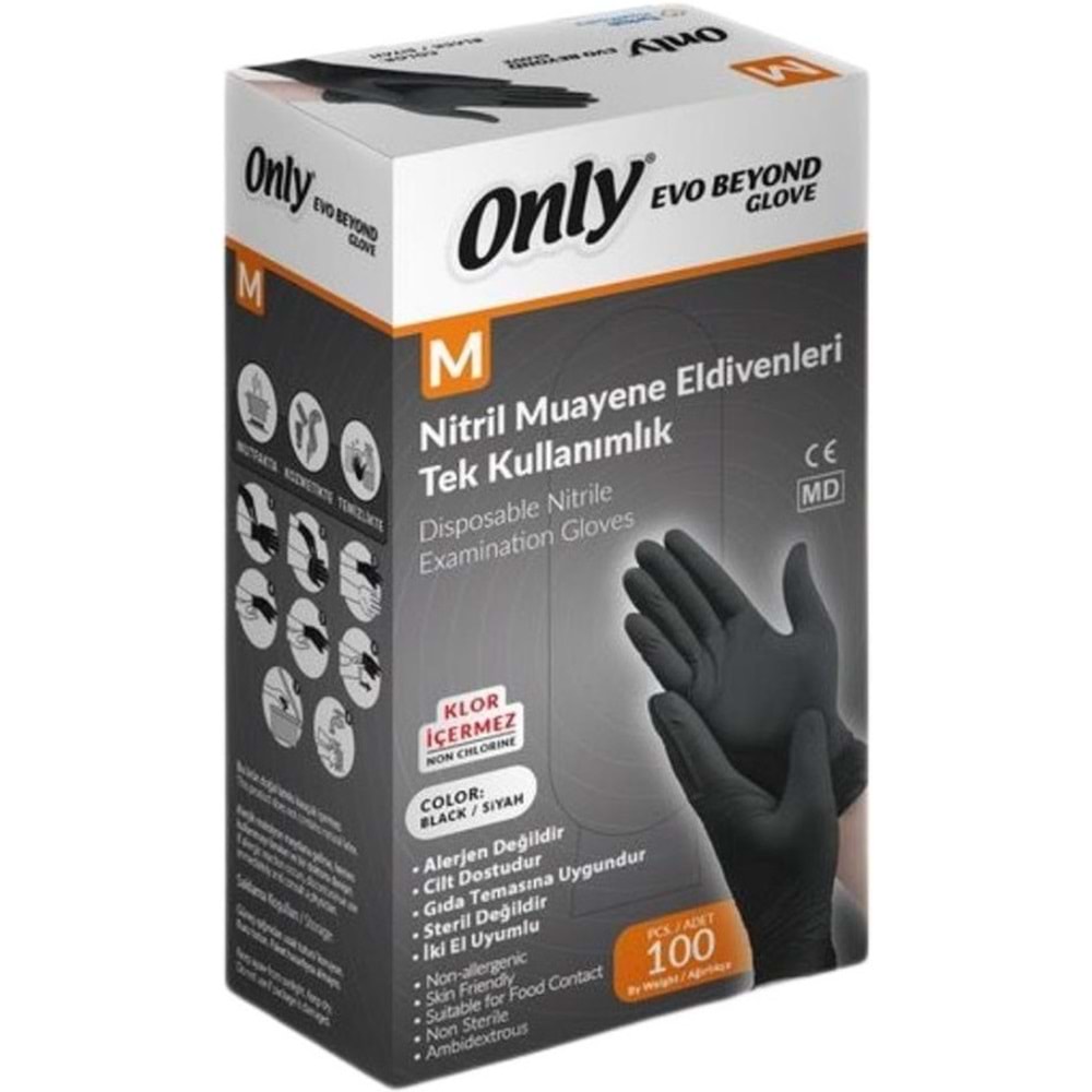 Only Evo Beyond Glove Nitril Siyah Pudrasız Muayene Eldiveni 300 Lü Set M - Medium - Orta (3PK*100)