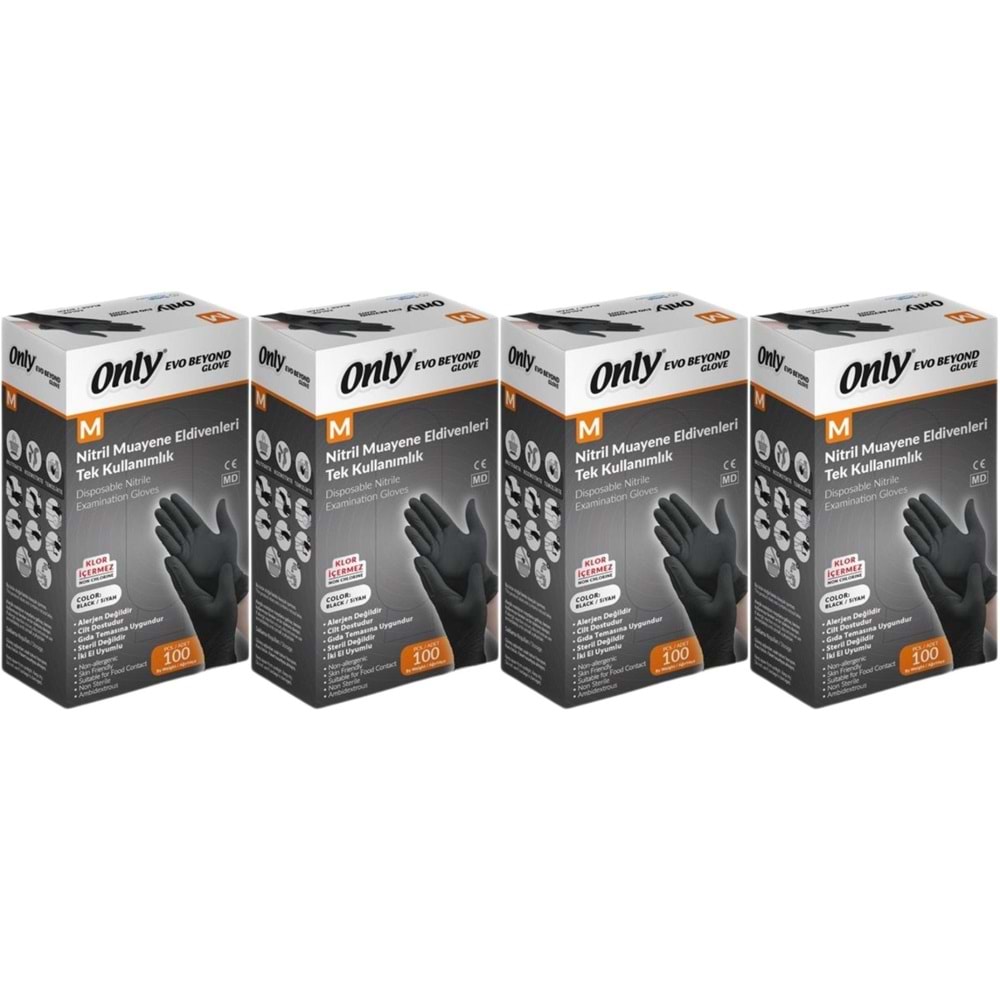 Only Evo Beyond Glove Nitril Siyah Pudrasız Muayene Eldiveni 400 Lü Set M - Medium - Orta (4PK*100)