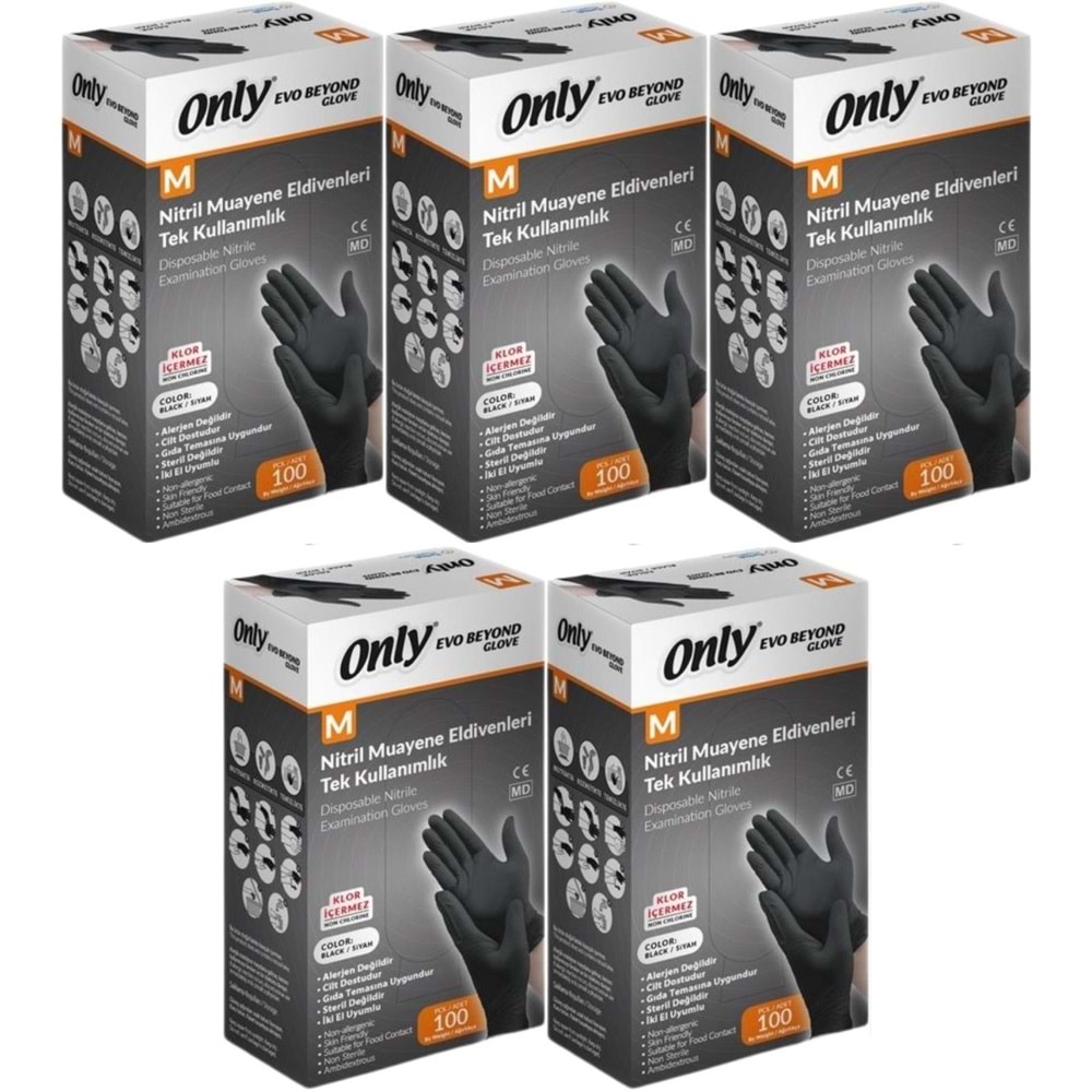 Only Evo Beyond Glove Nitril Siyah Pudrasız Muayene Eldiveni 500 Lü Set M - Medium - Orta (5PK*100)
