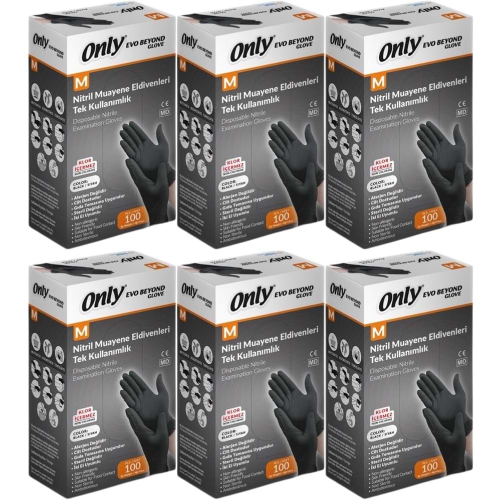 Only Evo Beyond Glove Nitril Siyah Pudrasız Muayene Eldiveni 600 Lü Set M - Medium - Orta (6PK*100)