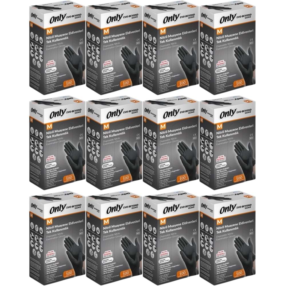 Only Evo Beyond Glove Nitril Siyah Pudrasız Muayene Eldiveni 1200 Lü Set M- Medium - Orta (12PK*100)