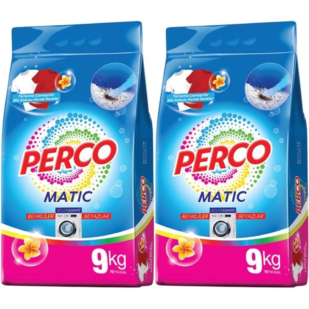Perco Matik Toz Çamaşır Deterjanı 18KG Beyazlar ve Renkliler Tüm Çamaşırlar (144 Yıkama) (2PK*9KG)