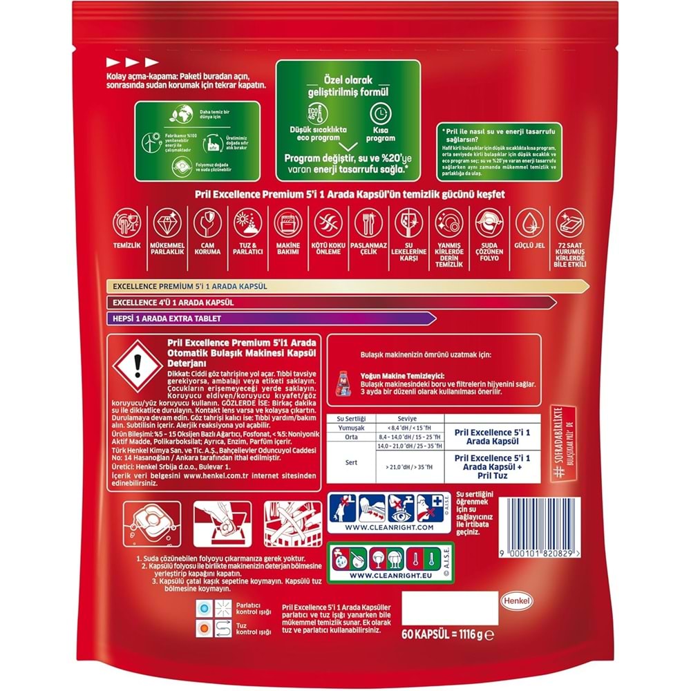 Pril Bulaşık Makinesi Deterjanı Kapsül Tablet Excellence Premium 5 i 1 Arada 180 Adet (3PK*60)