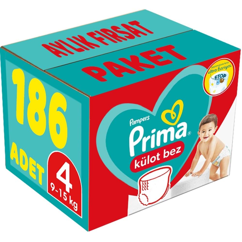 Prima Külot Bebek Bezi 4 Beden 9-15 KG Maxi 186 Adet Aylık Fırsat Pk