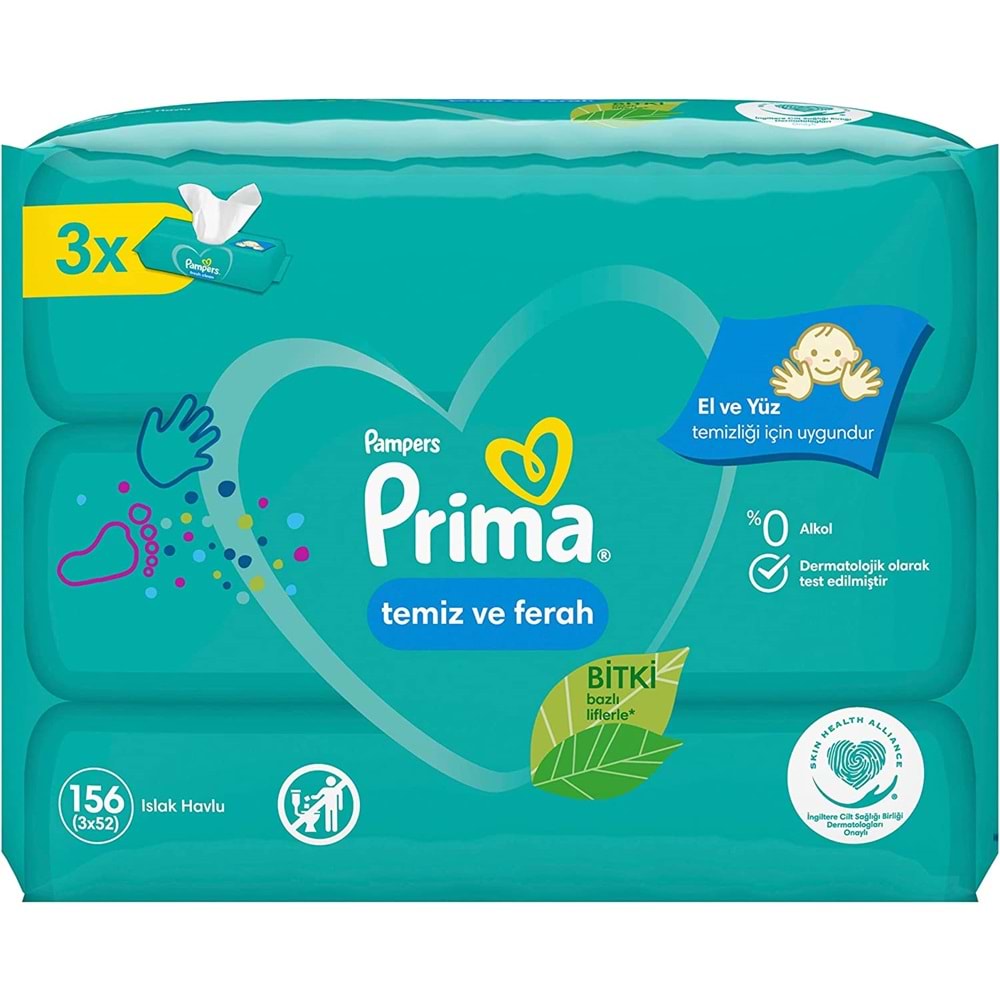 Prima Islak Havlu Mendil Temiz ve Ferah (Bitki Bazlı) 12 Li Set (4PK*3) 624 Yaprak