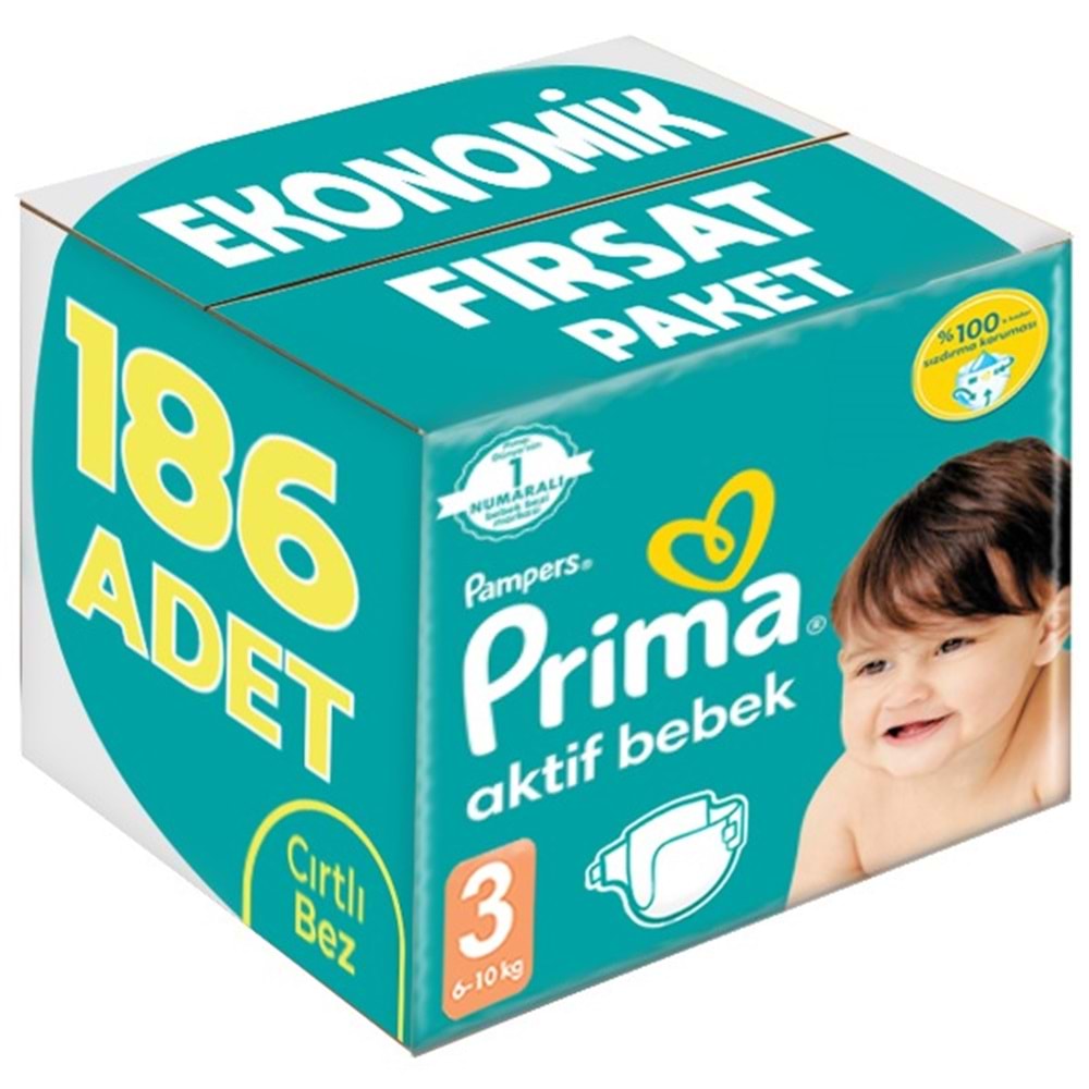 Prima Bebek Bezi 3 Beden 6-10 KG Midi 186 Adet Ekonomik Fırsat Pk