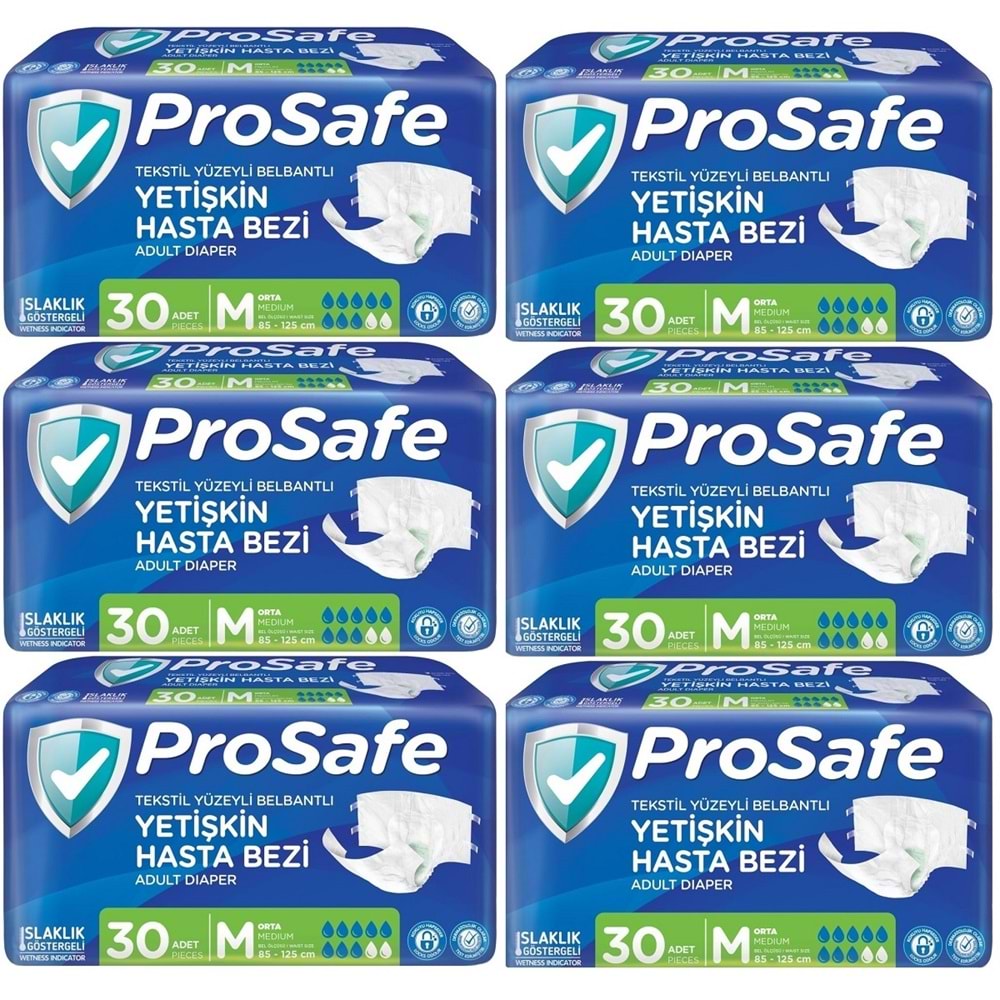 Prosafe Yetişkin Bezi Bel Bantlı Tekstil Yüzey M - Medium - Orta Boy 180 Adet (6PK*30)