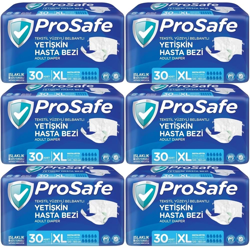 Prosafe Yetişkin Bezi Bel Bantlı Tekstil Yüzey XL-Extra Large Boy 180 Adet (6PK*30)