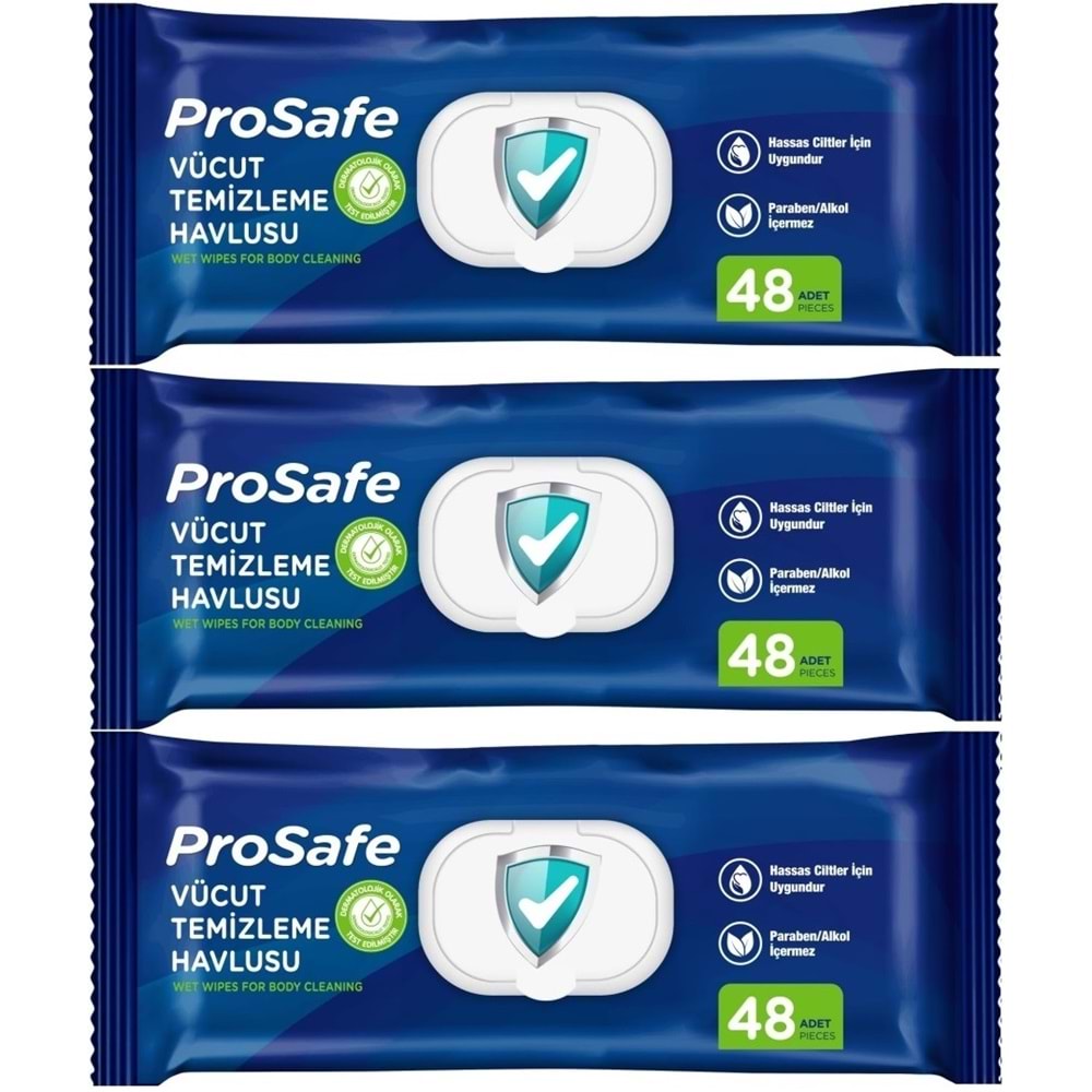Prosafe Yetişkin Vücut Temizleme Islak Mendil Havlu 48 Yaprak XL (3 Lü Set) Plastik Kapak