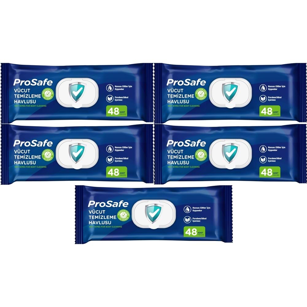 Prosafe Yetişkin Vücut Temizleme Islak Mendil Havlu 48 Yaprak XL (5 Li Set) Plastik Kapak