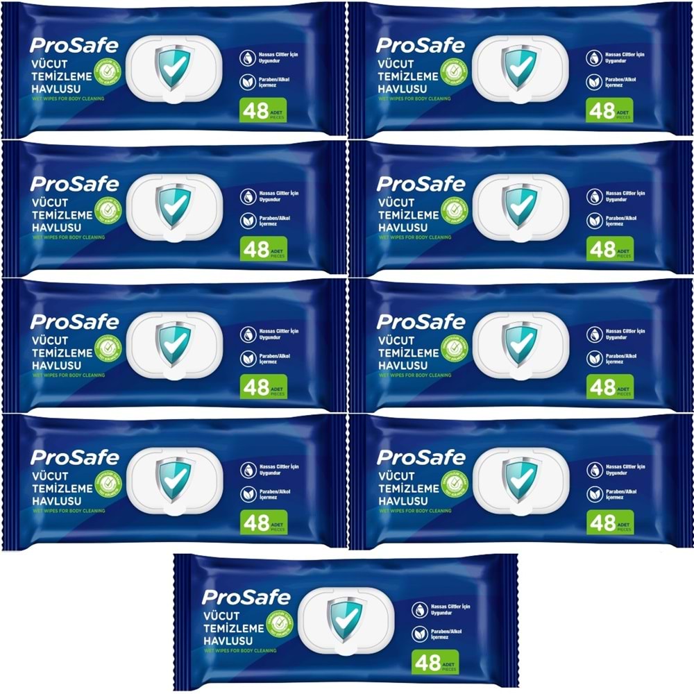 Prosafe Yetişkin Vücut Temizleme Islak Mendil Havlu 48 Yaprak XL (9 Lu Set) Plastik Kapak