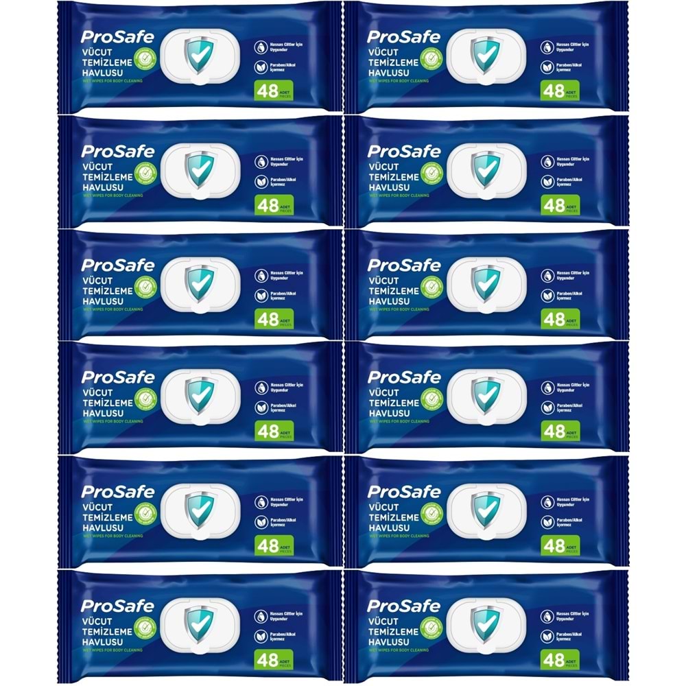 Prosafe Yetişkin Vücut Temizleme Islak Mendil Havlu 48 Yaprak XL (12 Li Set) Plastik Kapak