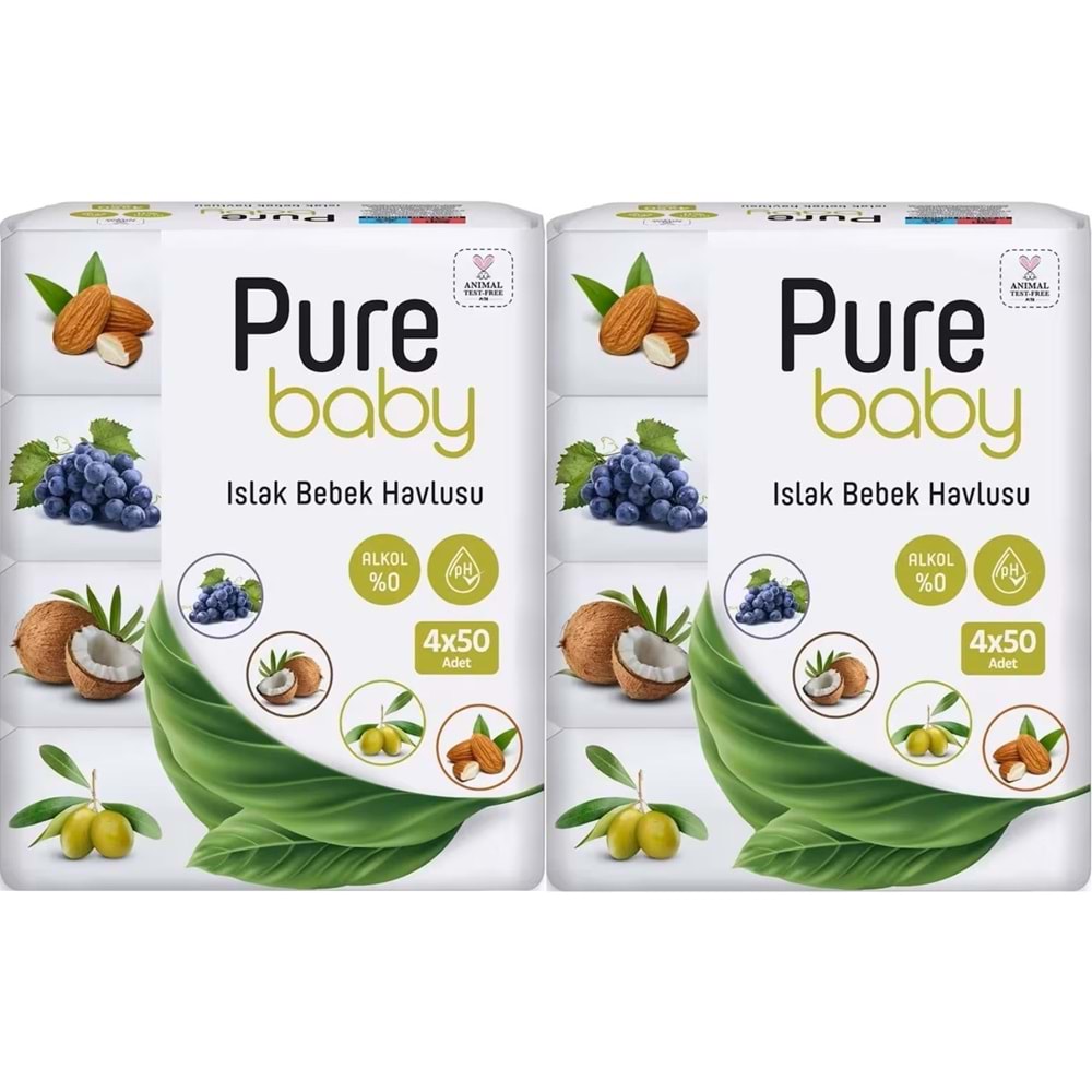 Pure Baby Wipes Islak Havlu Mendil 50 Yaprak 8 Li Set (400 Yaprak) (Meyveli)