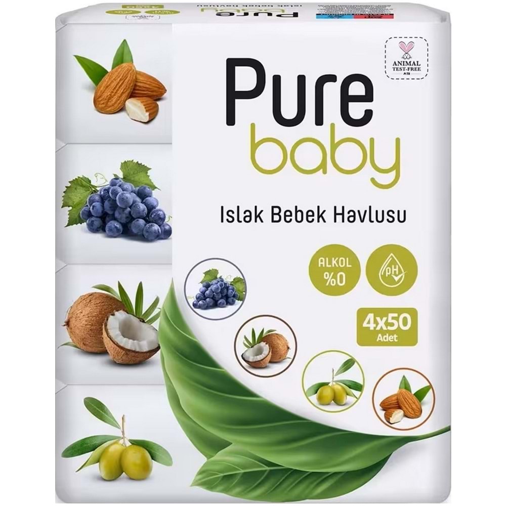 Pure Baby Wipes Islak Havlu Mendil 50 Yaprak 8 Li Set (400 Yaprak) (Meyveli)