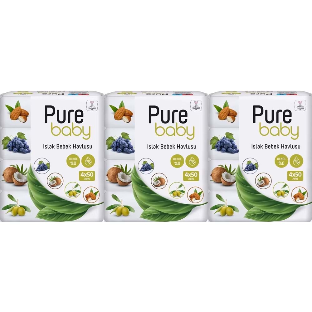 Pure Baby Wipes Islak Havlu Mendil 50 Yaprak 12 Li Set (600 Yaprak) (Meyveli)