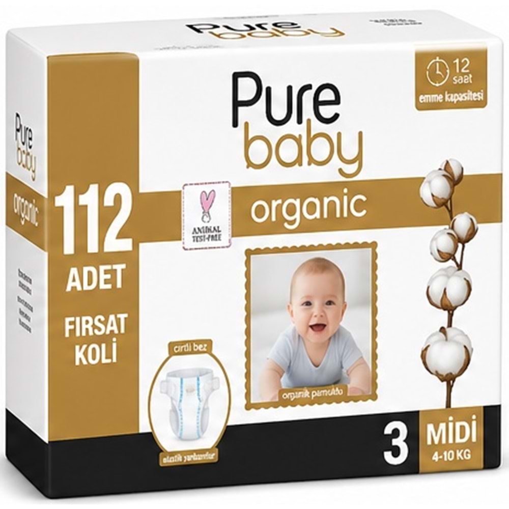 Pure Baby Organik Bebek Bezi 3 Beden 4-10 KG Midi 112 Adet Avantaj Fırsat Pk