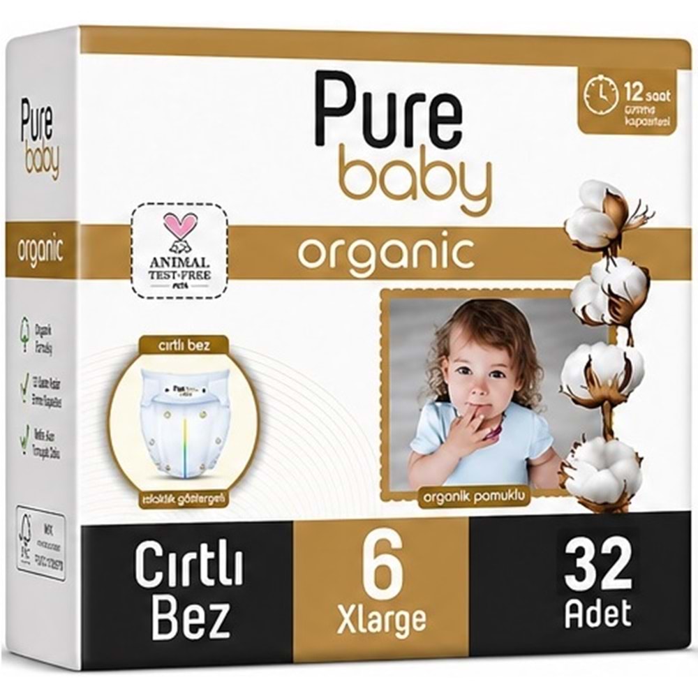 Pure Baby Organik Bebek Bezi 6 Beden 15-27 KG Extra Large 32 Adet Ekonomik Fırsat Pk