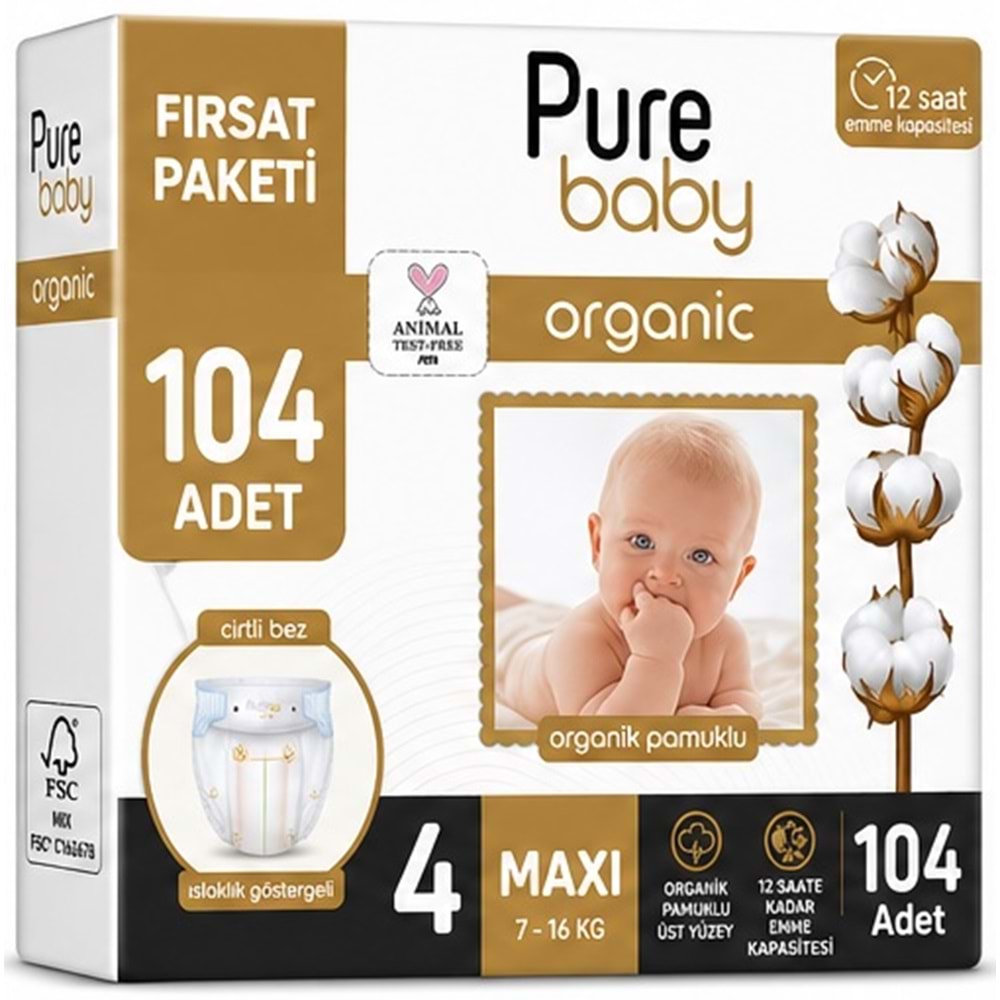 Pure Baby Organik Bebek Bezi 4 Beden 7-16 KG Maxi 104 Adet Ekonomik Fırsat Pk