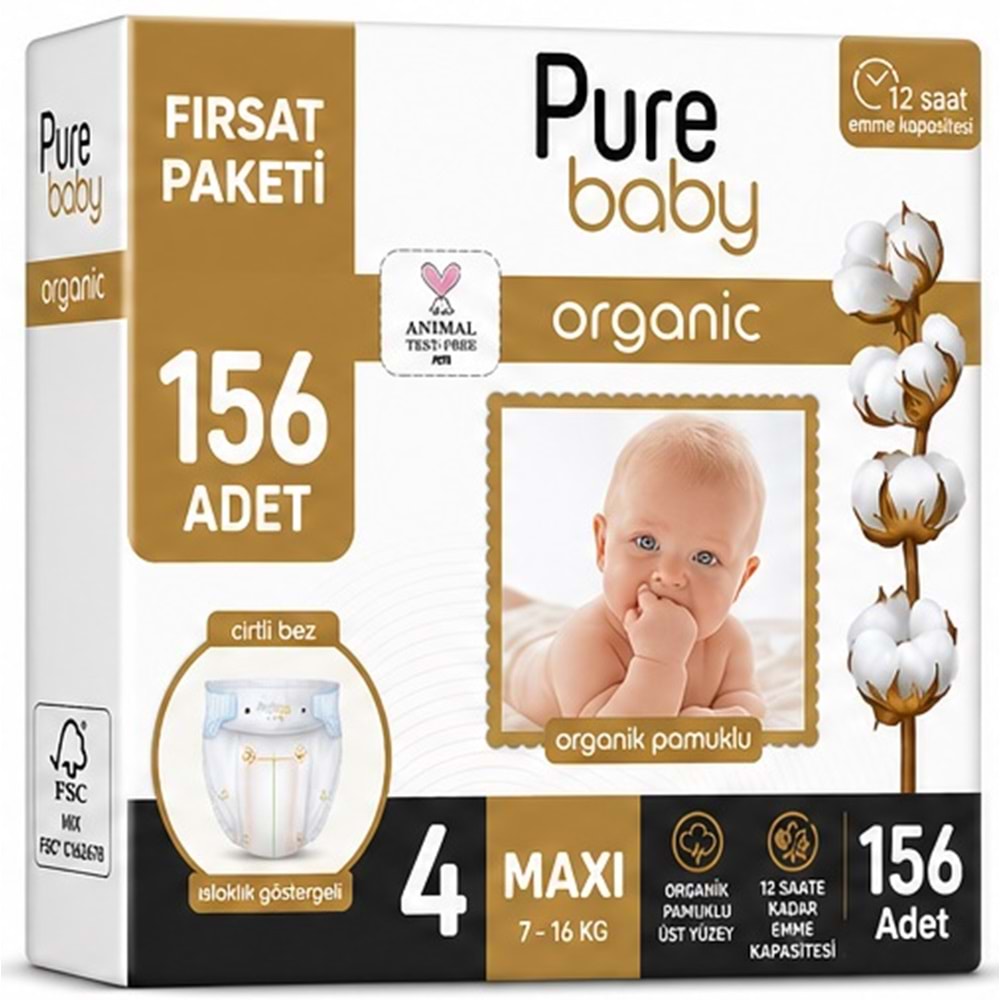Pure Baby Organik Bebek Bezi 4 Beden 7-16 KG Maxi 156 Adet Aylık Fırsat Pk