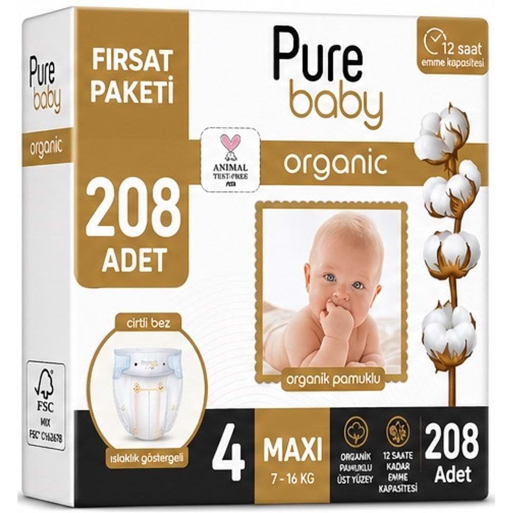 Pure Baby Organik Bebek Bezi 4 Beden 7-16 KG Maxi 208 Adet Avantaj Fırsat Pk