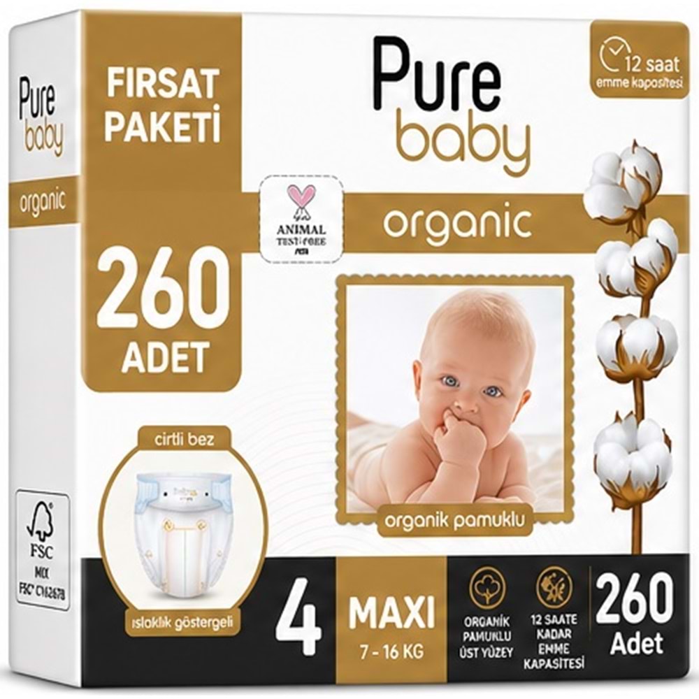 Pure Baby Organik Bebek Bezi 4 Beden 7-16 KG Maxi 260 Adet Mega Fırsat Pk