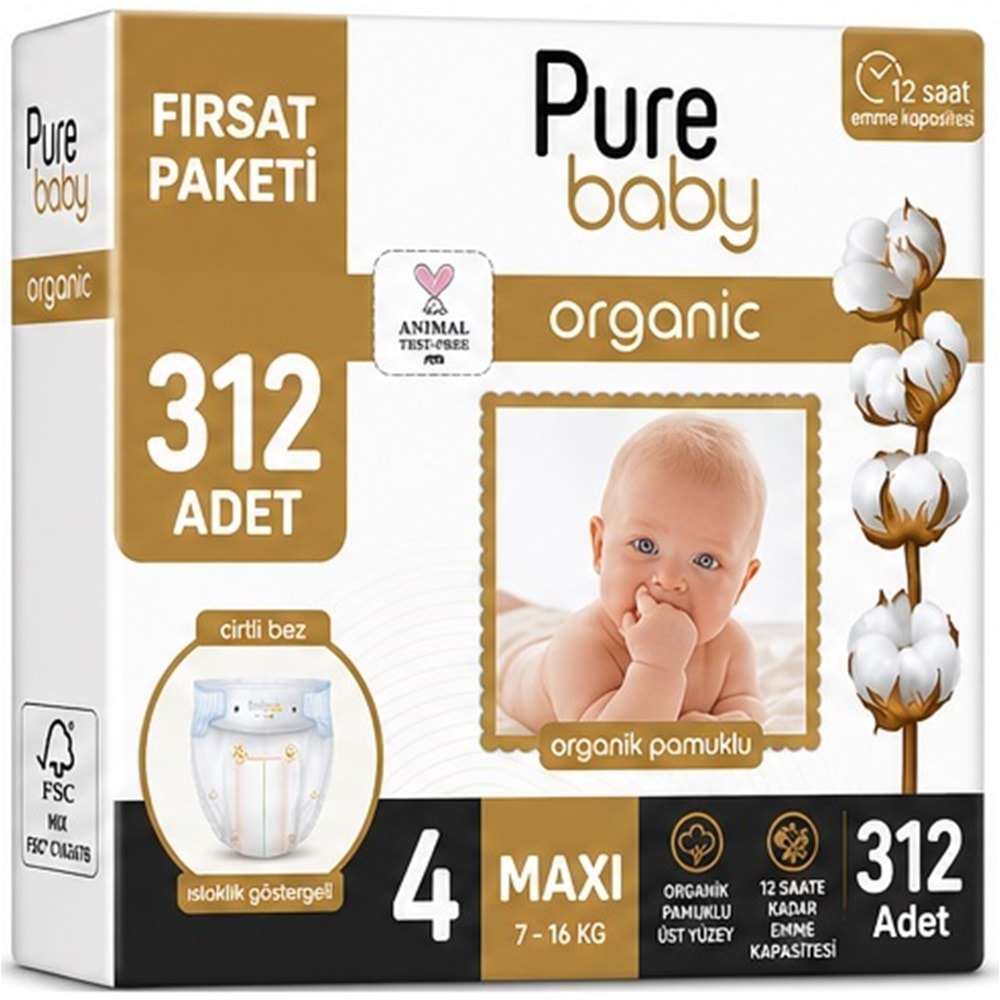 Pure Baby Organik Bebek Bezi 4 Beden 7-16 KG Maxi 312 Adet Ekstra Fırsat Pk