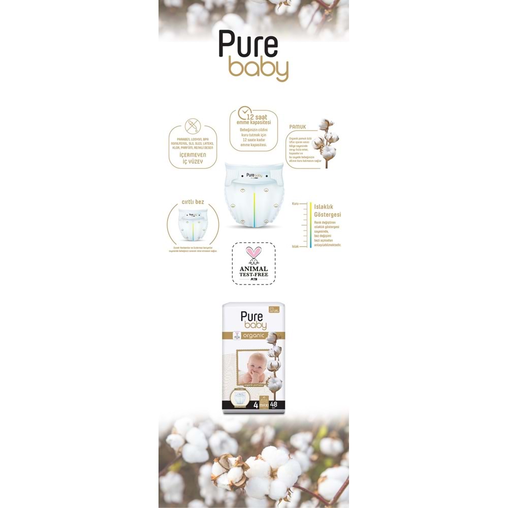 Pure Baby Organik Bebek Bezi 4 Beden 7-16 KG Maxi 312 Adet Ekstra Fırsat Pk
