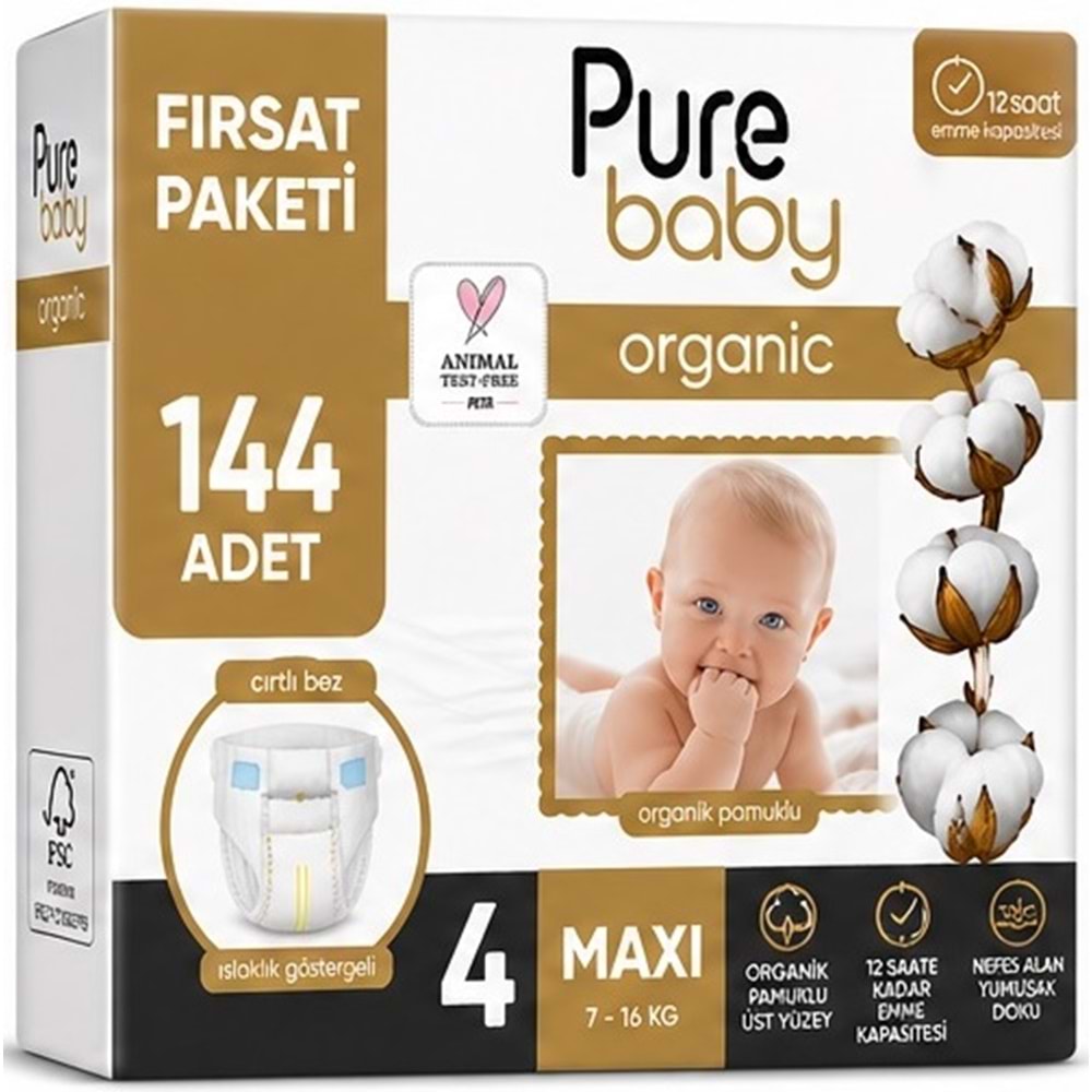 Pure Baby Organik Bebek Bezi 4 Beden 7-16 KG Maxi 144 Adet Aylık Fırsat Pk