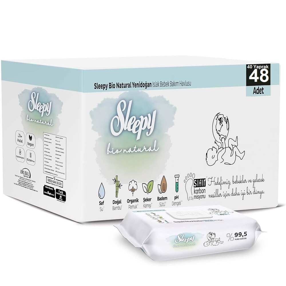 Sleepy Islak Havlu Mendil Bio Natural 40 Yaprak Yeni Doğan (48 Li Set) Plastik Kapaklı 1920 Yaprak