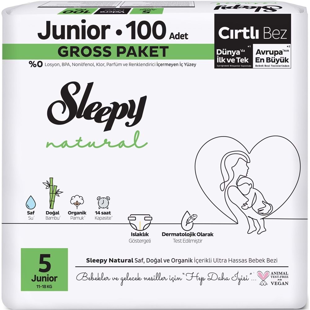 Sleepy Bebek Bezi Natural 5 Beden 11-18 KG Junior 300 Adet Ekonomik Fırsat Gross Pk