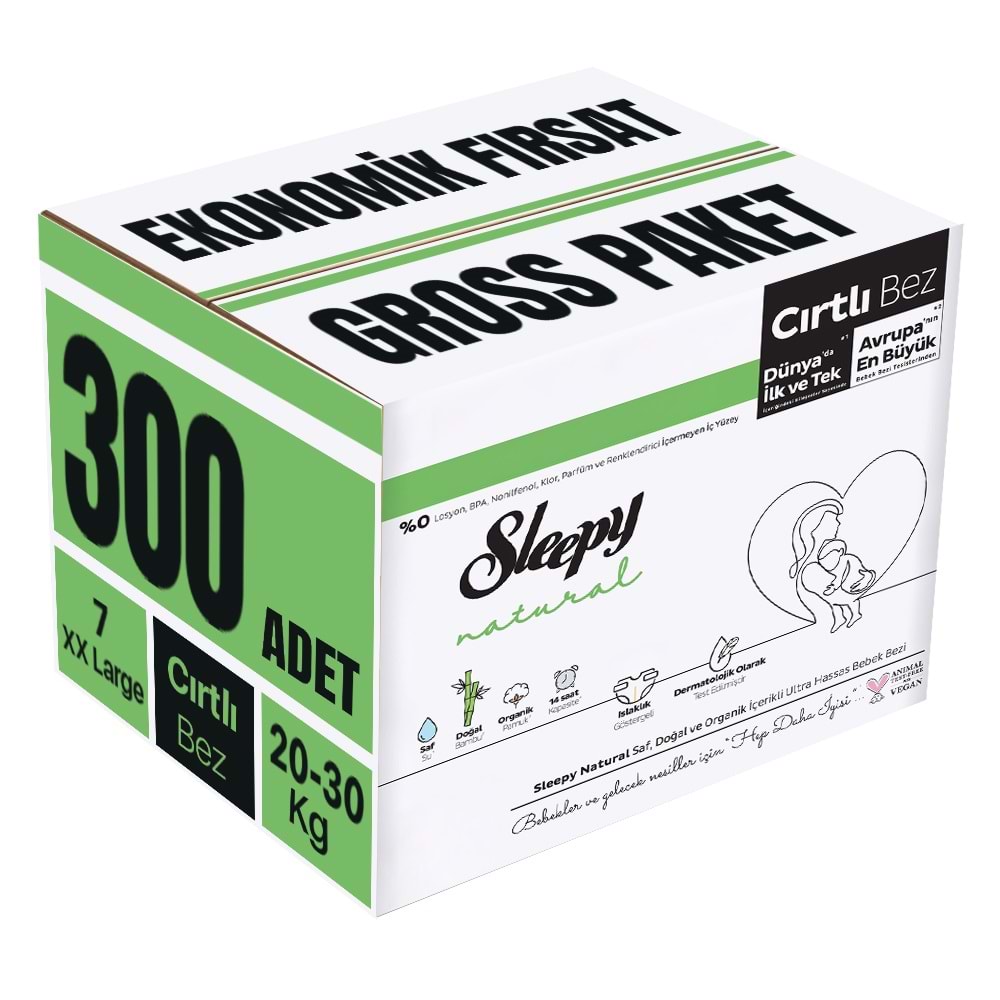 Sleepy Bebek Bezi Natural 7 Beden 20-30 KG XXLarge 300 Adet Ekonomik Fırsat Gross Pk