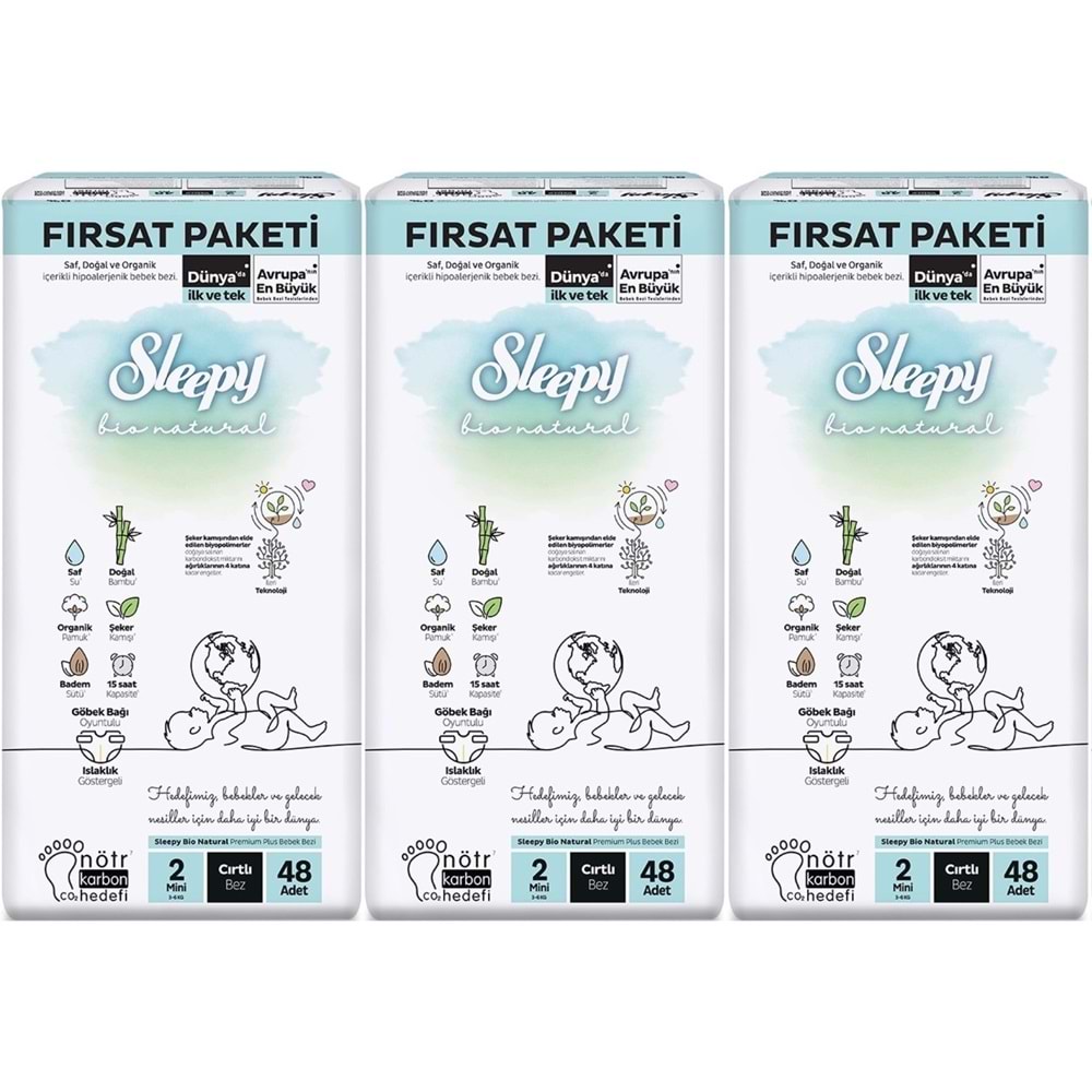 Sleepy Bebek Bezi Bio Natural 2 Beden 3-6 KG Mini 144 Adet Aylık Fırsat Pk